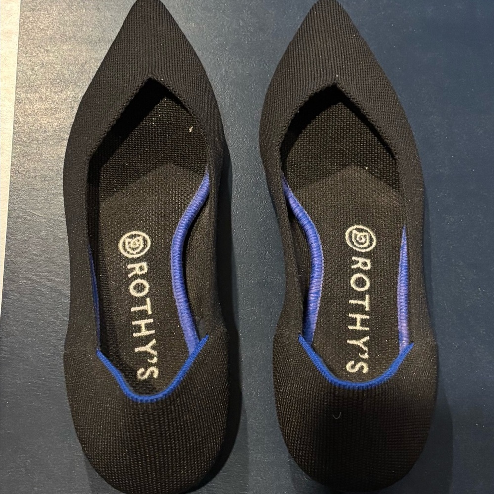 Rothy's Black and Blue Pointed Toe Loafers